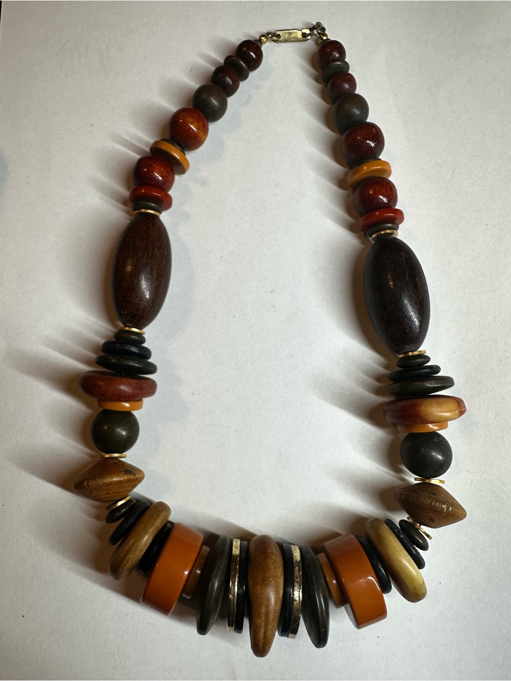 Vintage Dauplaise Chunky Wood Bead Statement Necklace Earth Tones Patent Clasp